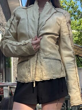 Danier Cream Leather Zip Jacket with Exposed Seams